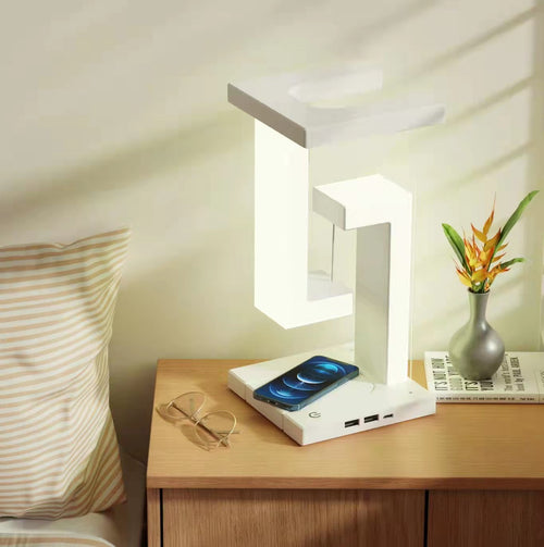 Anti-Gravity Wireless Charging Table Lamp - Magnetic Levitating Desk Lamp with Touch Control, USB Charging Ports, Modern Minimalist Design